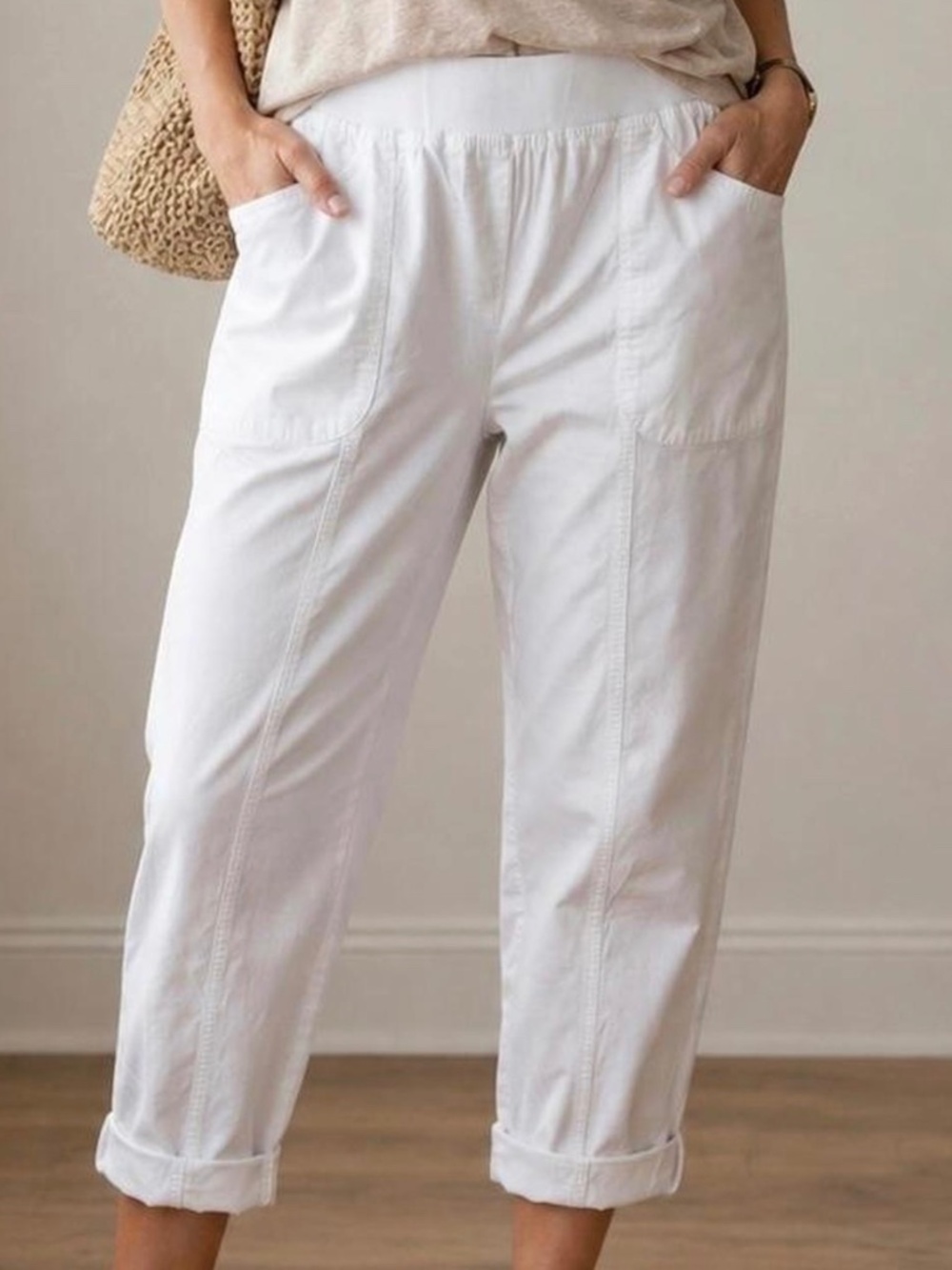 Chicos 1.5 M 10 White Alabaster Cotton Stretch Pant Poplin Cropped Roll-Tab - Picture 3 of 11